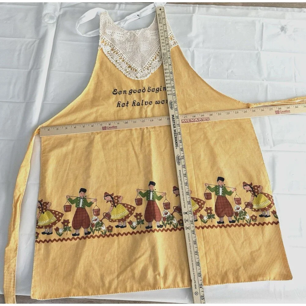 Vtg 1950s 1960s Full Apron Dutch Boys Girls Yellow Gingham Cotton Lined 1/2 Work